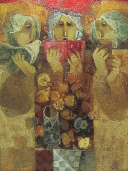 A textured painting of three figures in headscarves holding a red box over a still life arrangement.