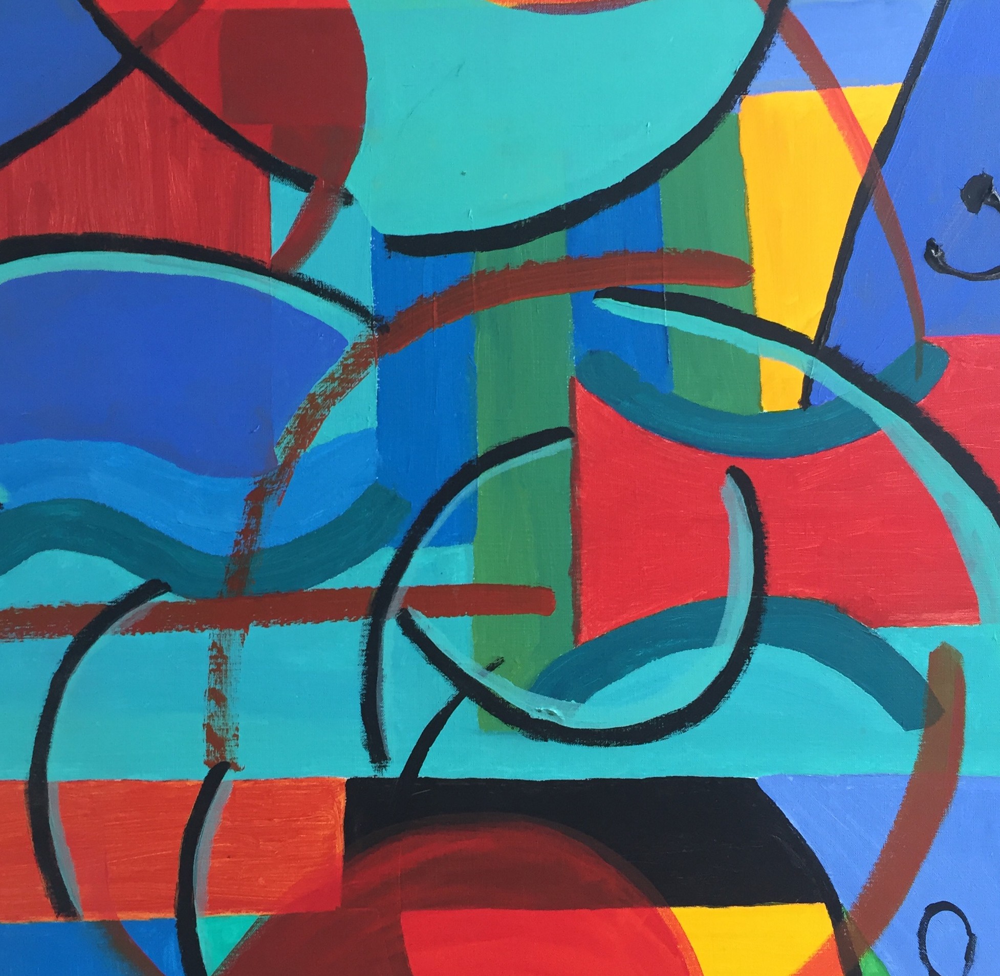 A painting of a colorful abstract painting on a blue background.