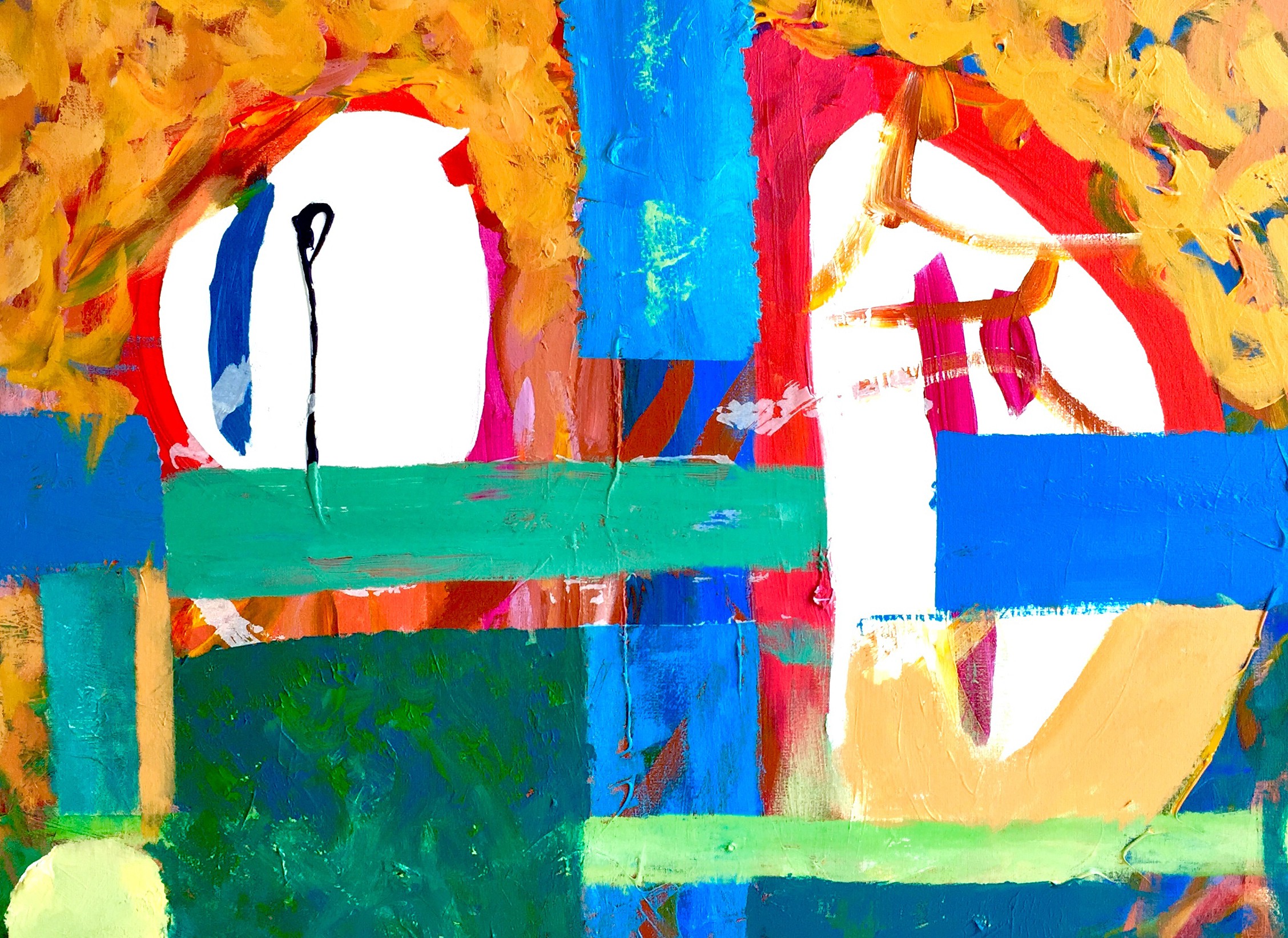 A painting of a colorful abstract painting with a tree in the background.