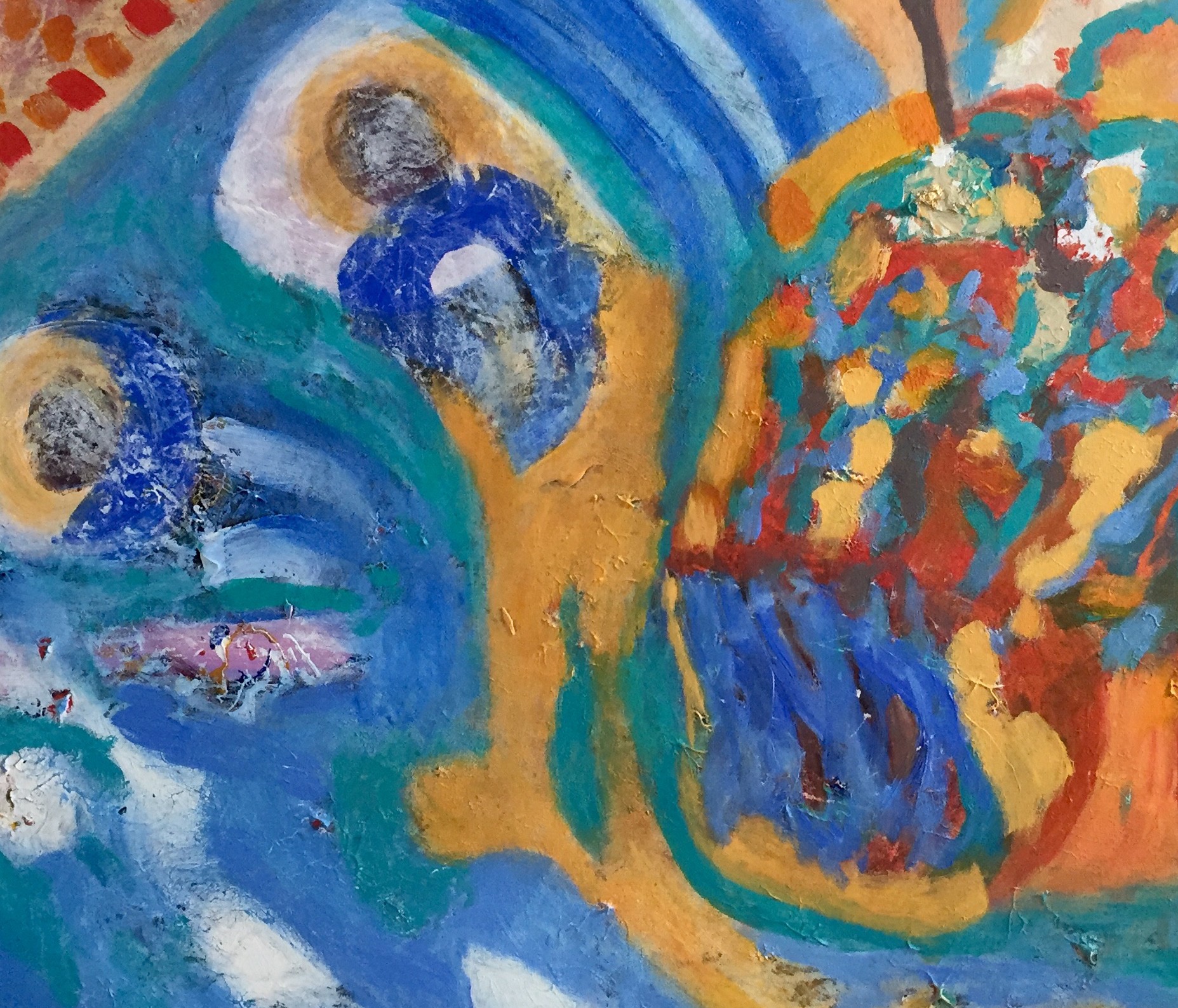 A painting of a blue and yellow abstract painting on a wall.