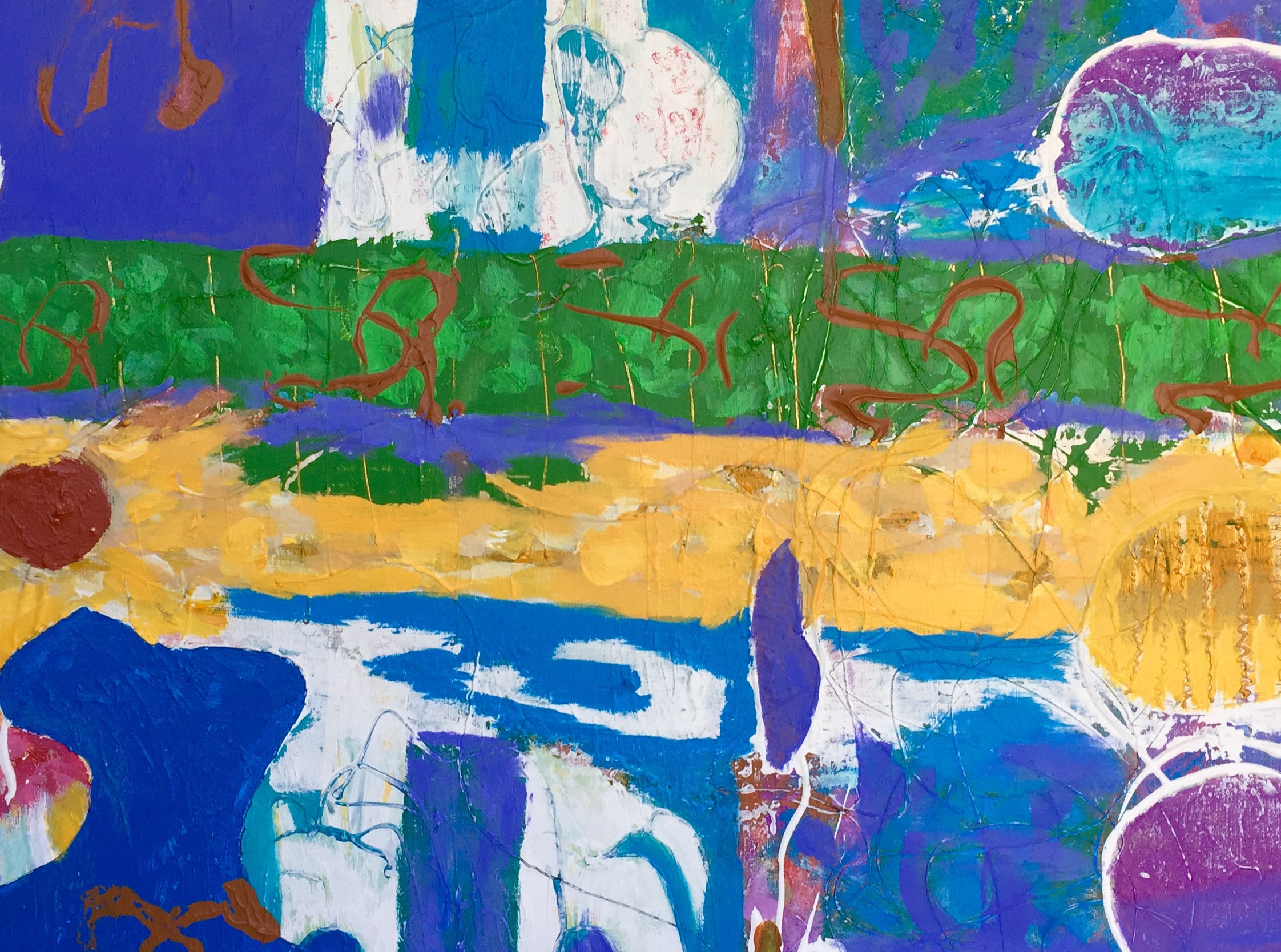 A painting of a blue, yellow, and purple abstract painting.