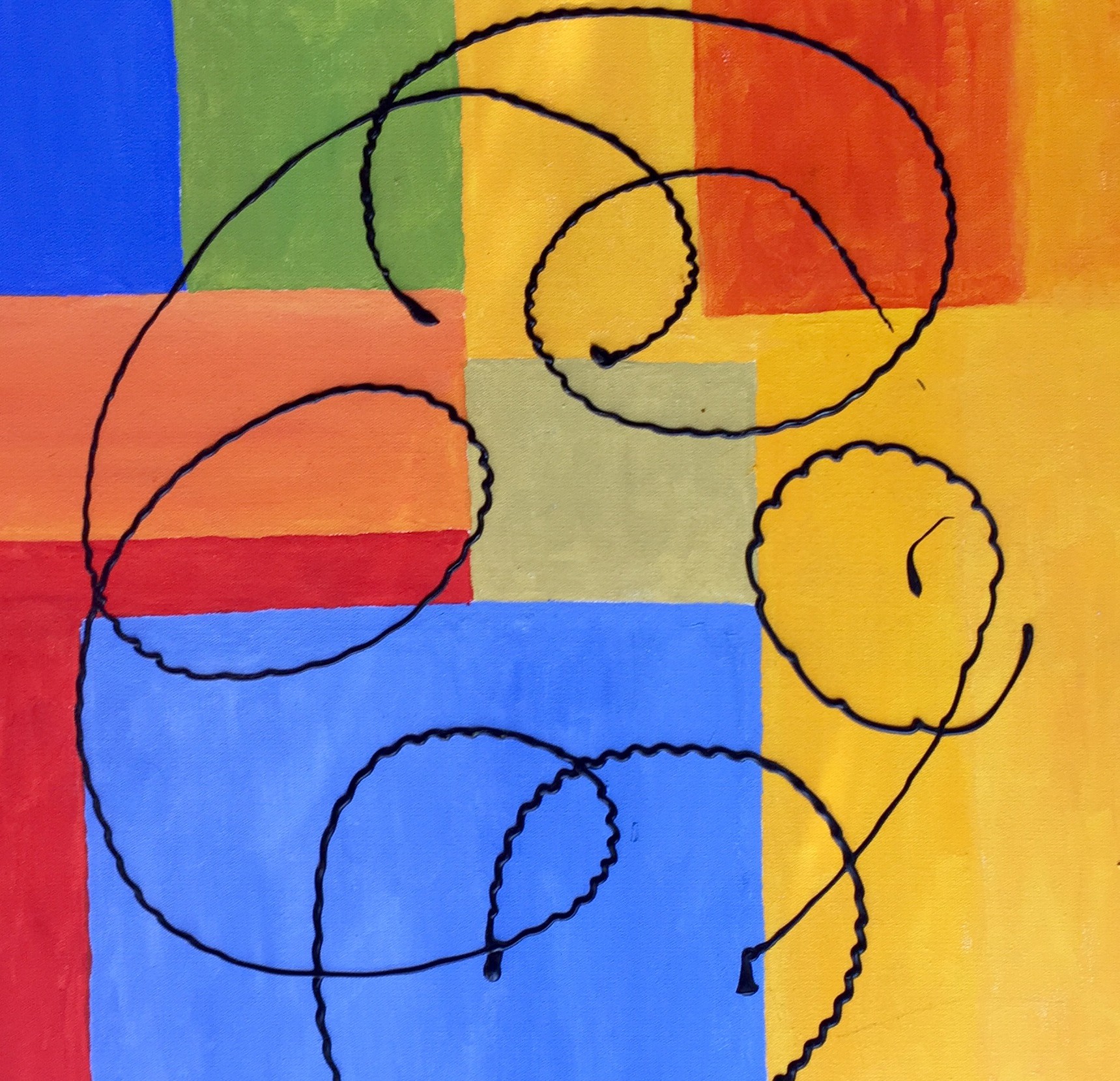 A painting of a colorful abstract painting with circles on it.