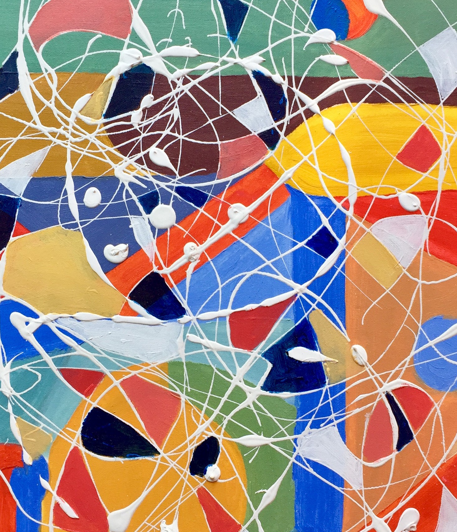 A painting of a colorful abstract painting with white paint on it.