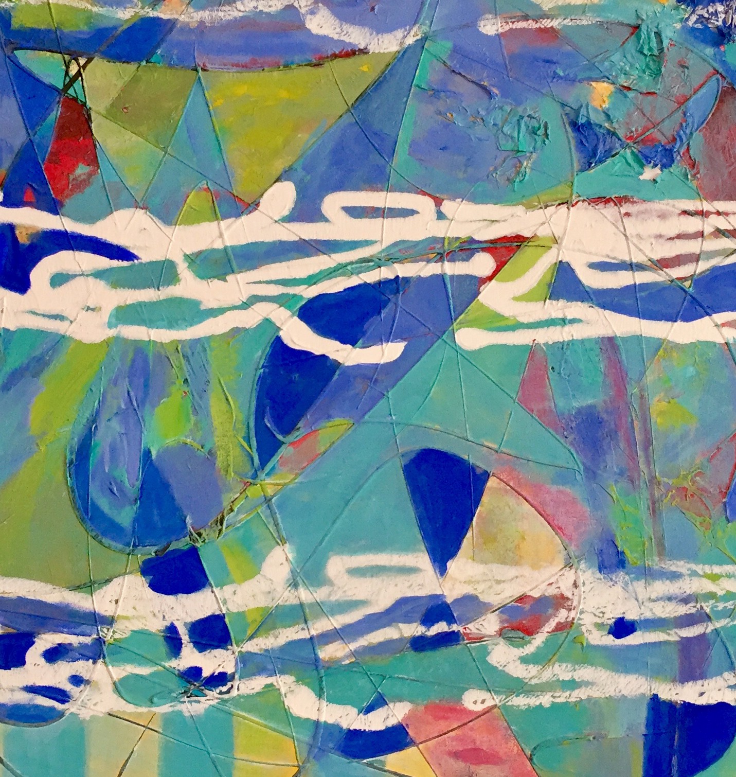 A painting of a blue and green abstract painting on a wall.