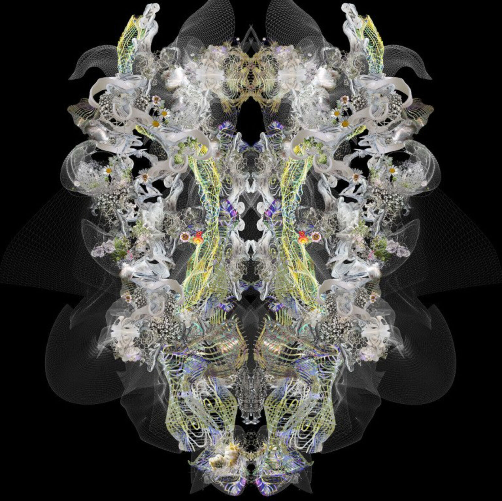 A computer generated image of a flower arrangement on a black background.