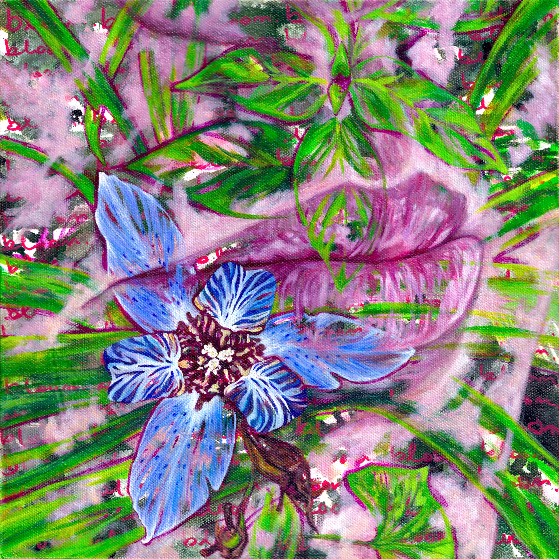 A painting of a blue flower on a pink background.