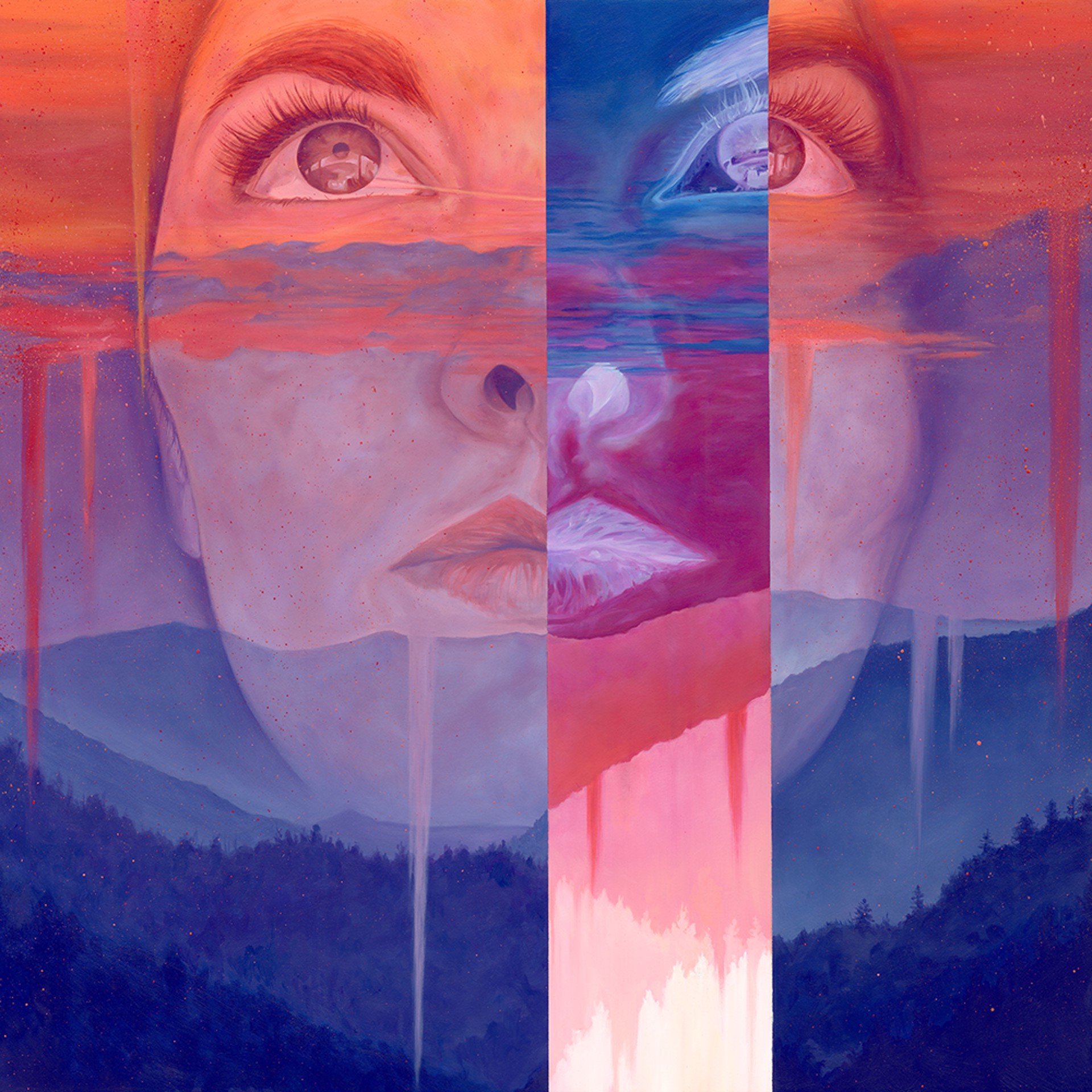 A painting of a woman's face with a mountain in the background.