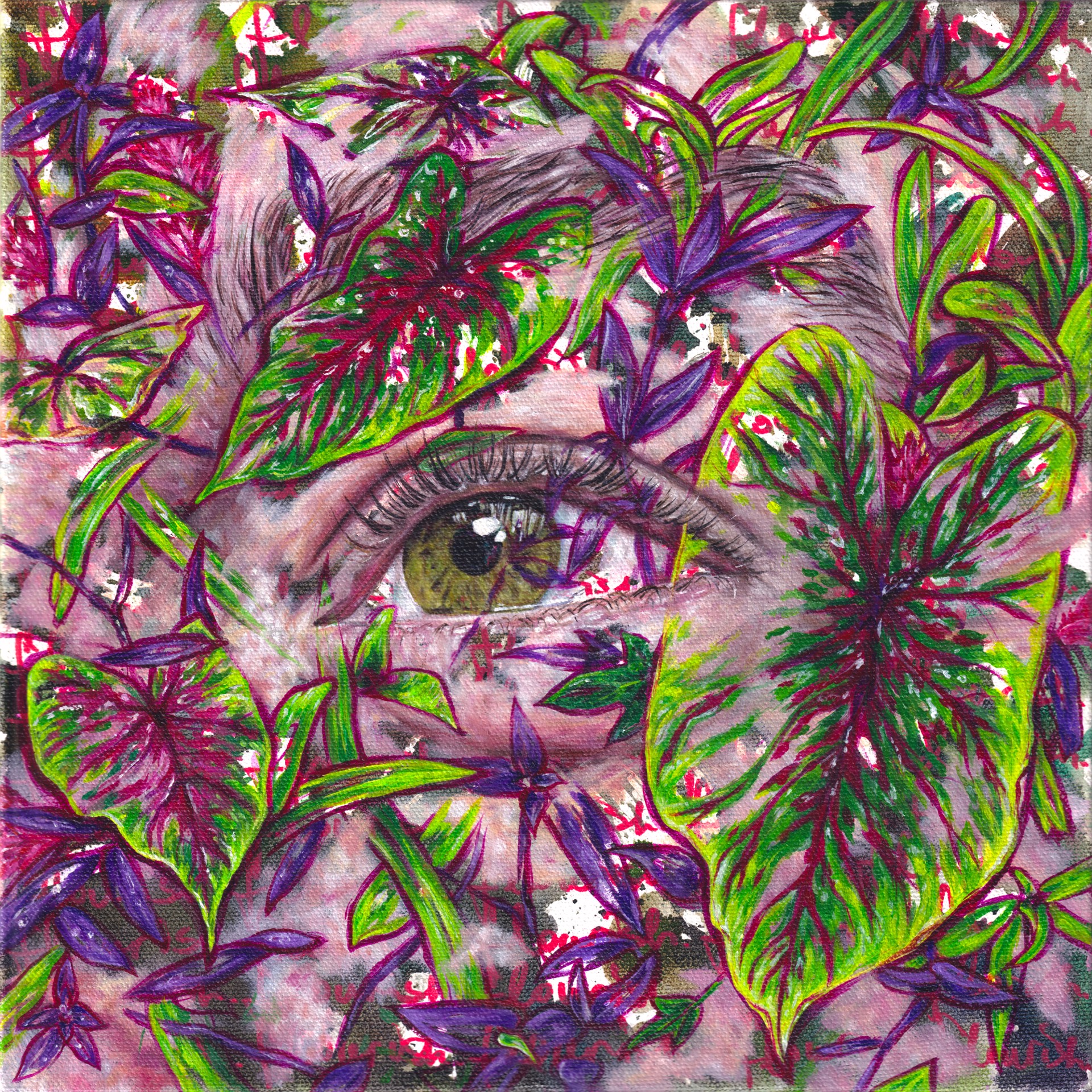 A drawing of a woman's face surrounded by leaves.