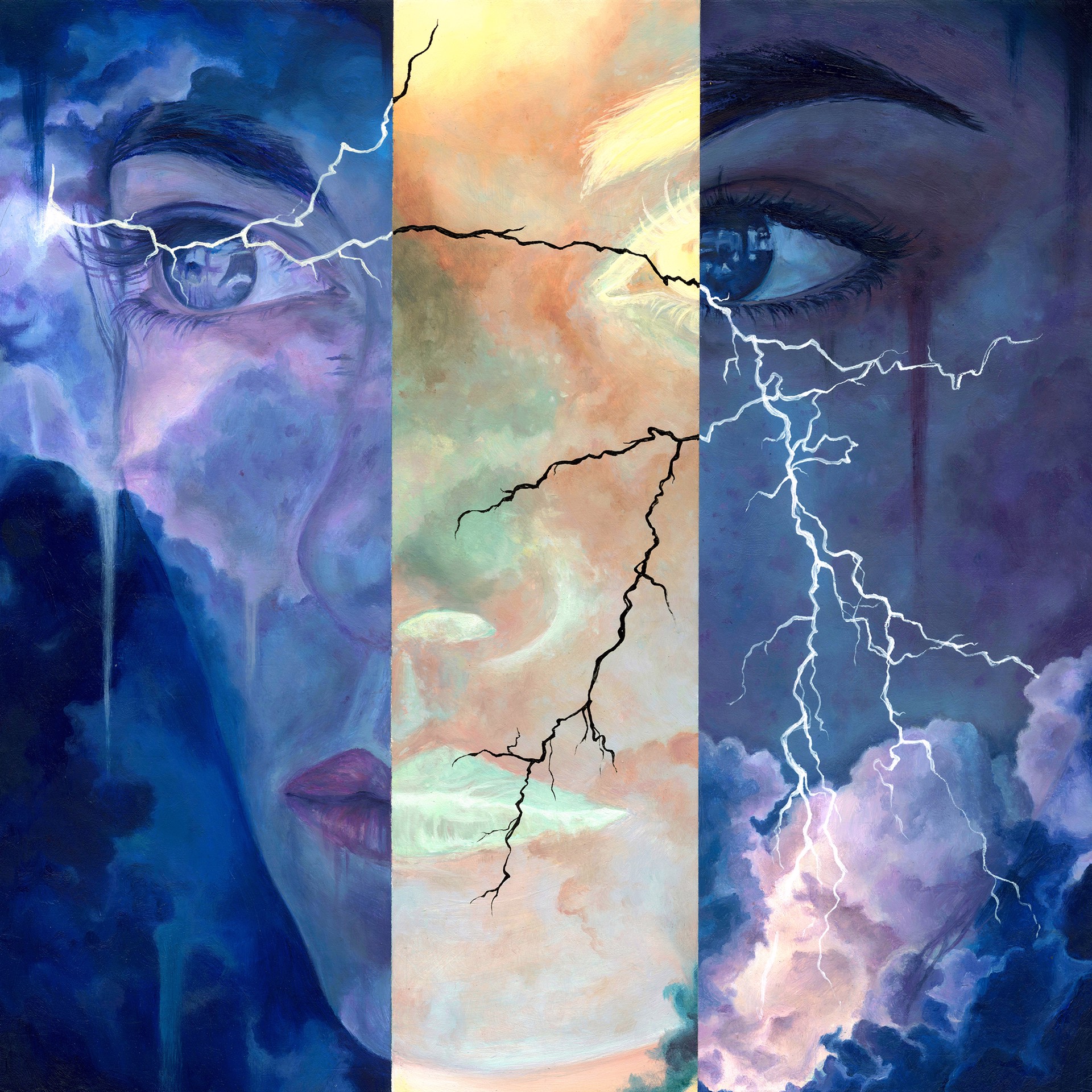 A painting of a woman's face with lightning coming out of her eyes.