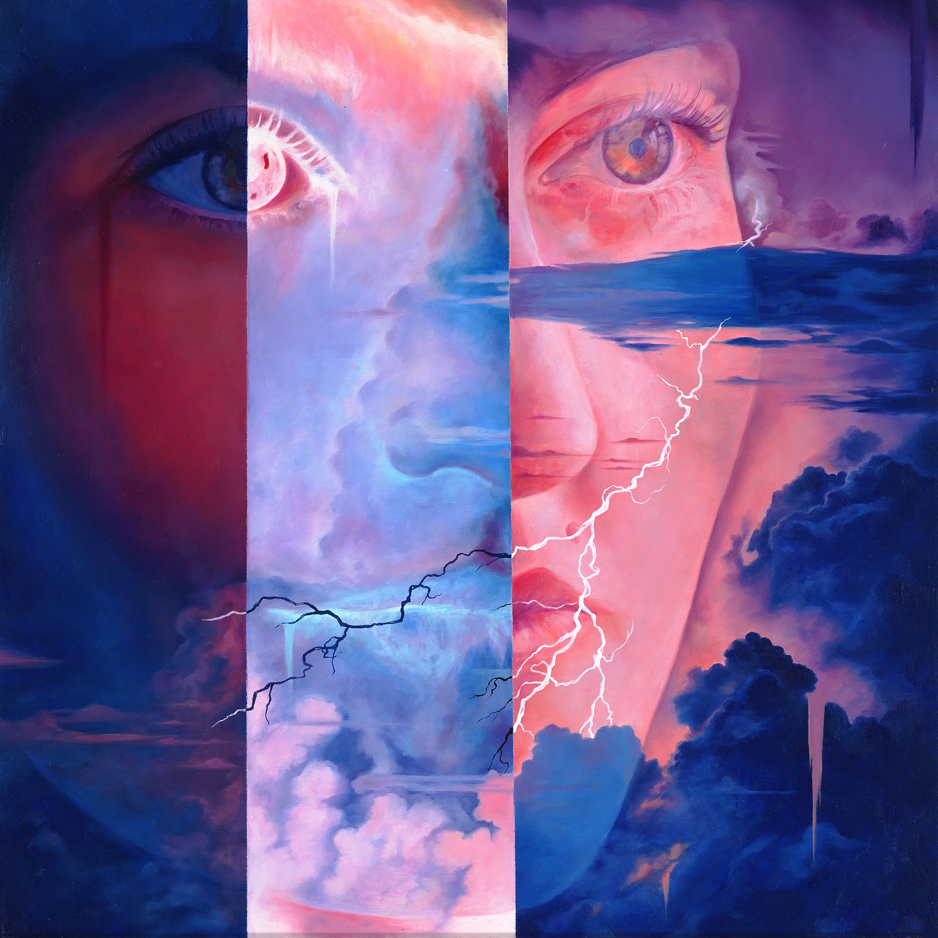 A painting of a woman's face with a lightning bolt coming out of her eyes.