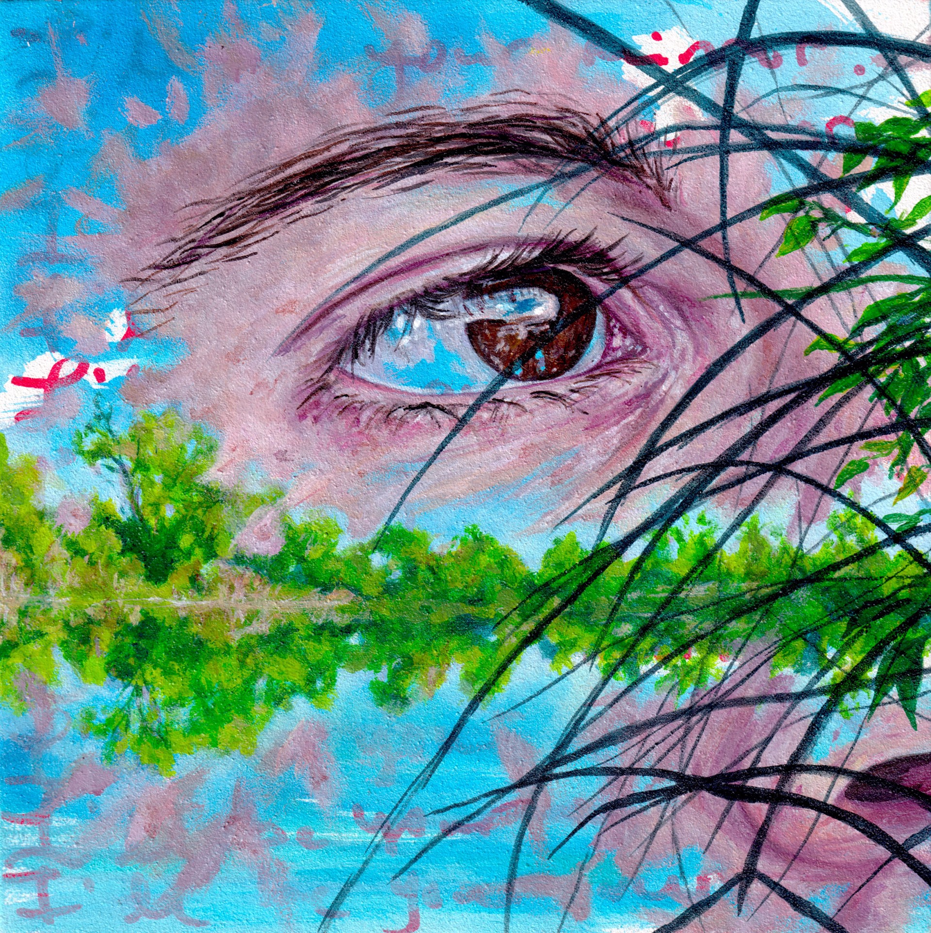 A close-up of a person's eye partially obscured by dark grass, with a landscape reflected in the iris.