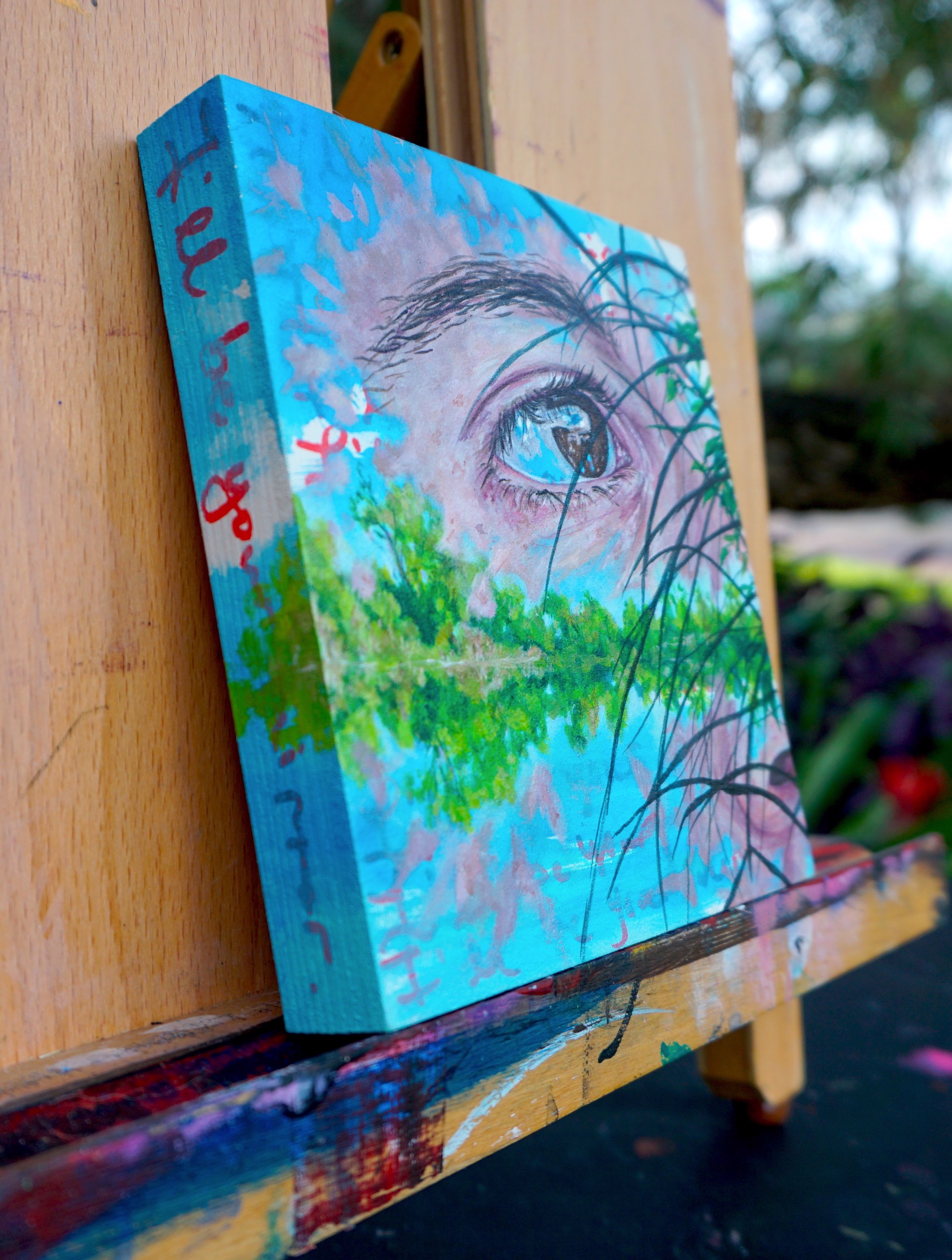 A close-up of a person's eye partially obscured by dark grass, with a landscape reflected in the iris.