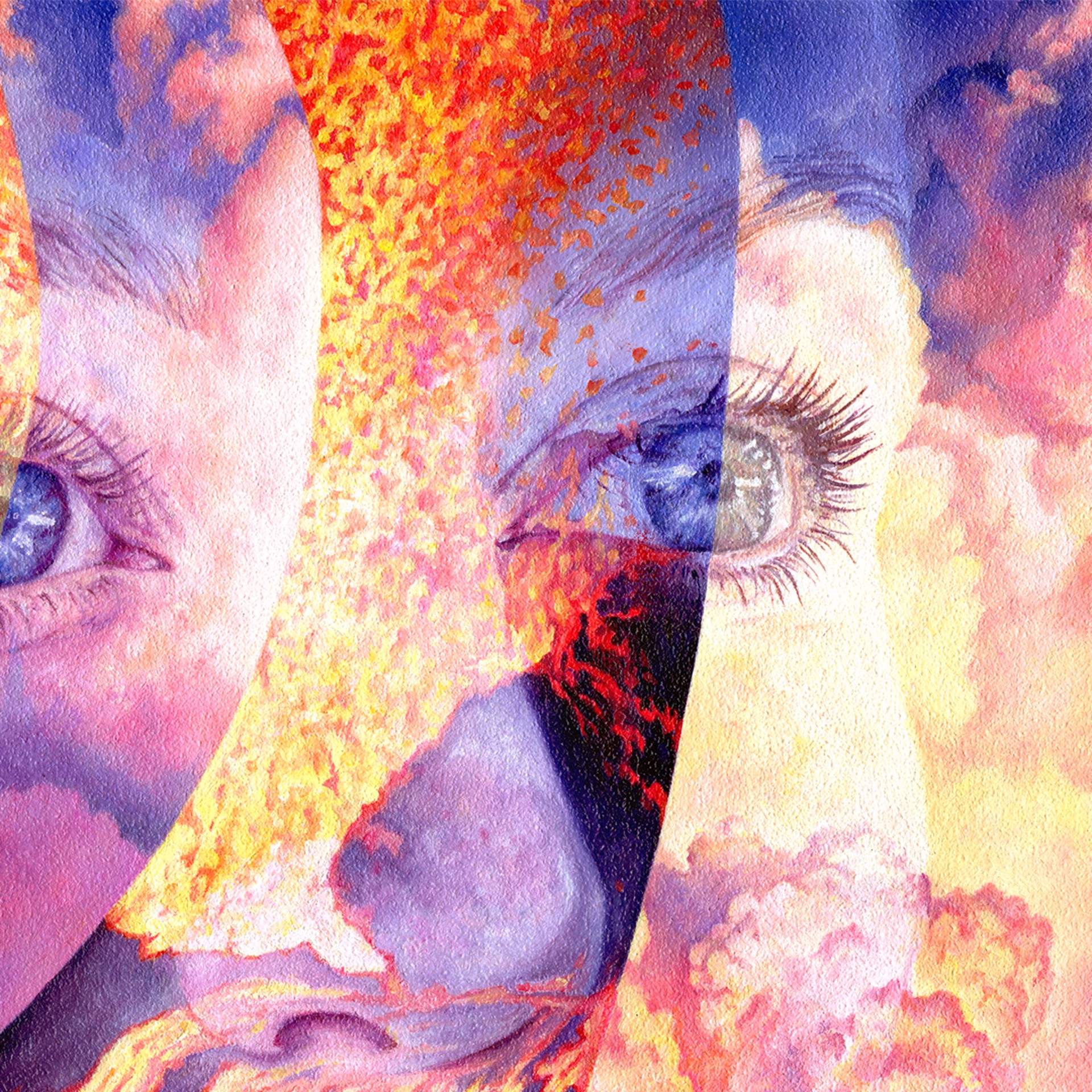 A painting of a woman's face with a fire coming out of her mouth.