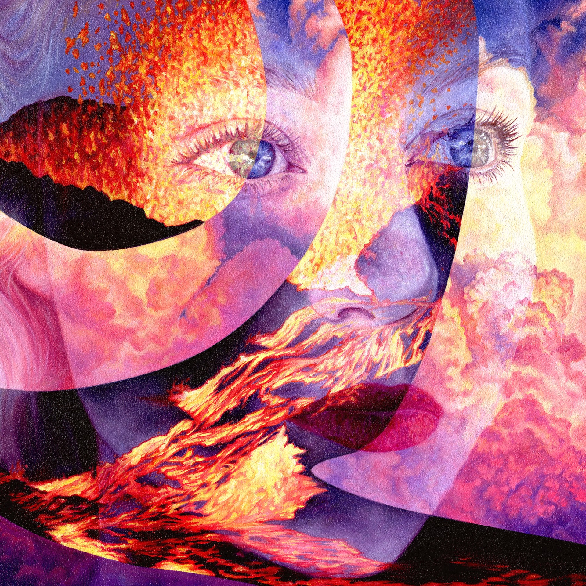A painting of a woman's face with a fire coming out of her mouth.