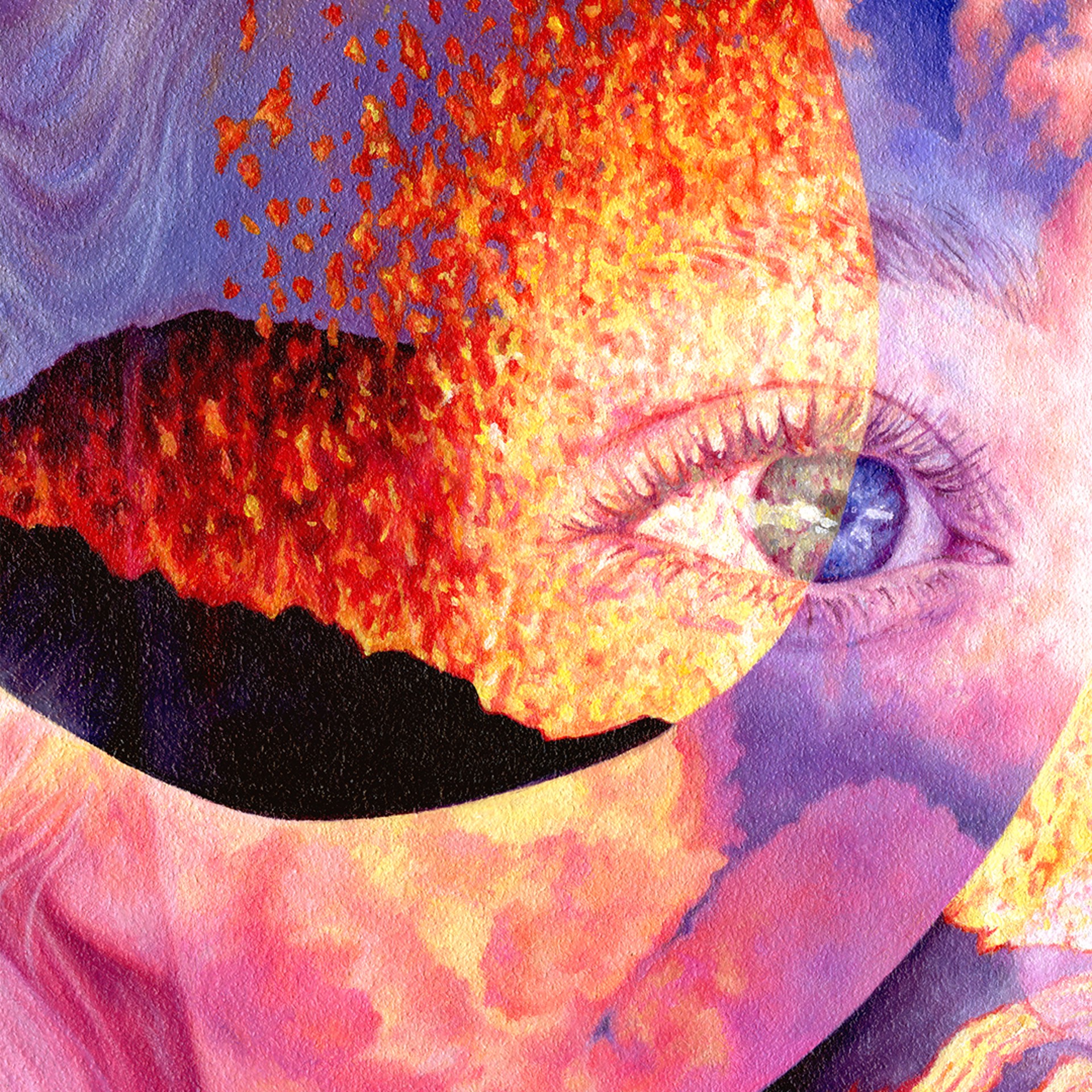 A painting of a woman's face with a fire coming out of her mouth.