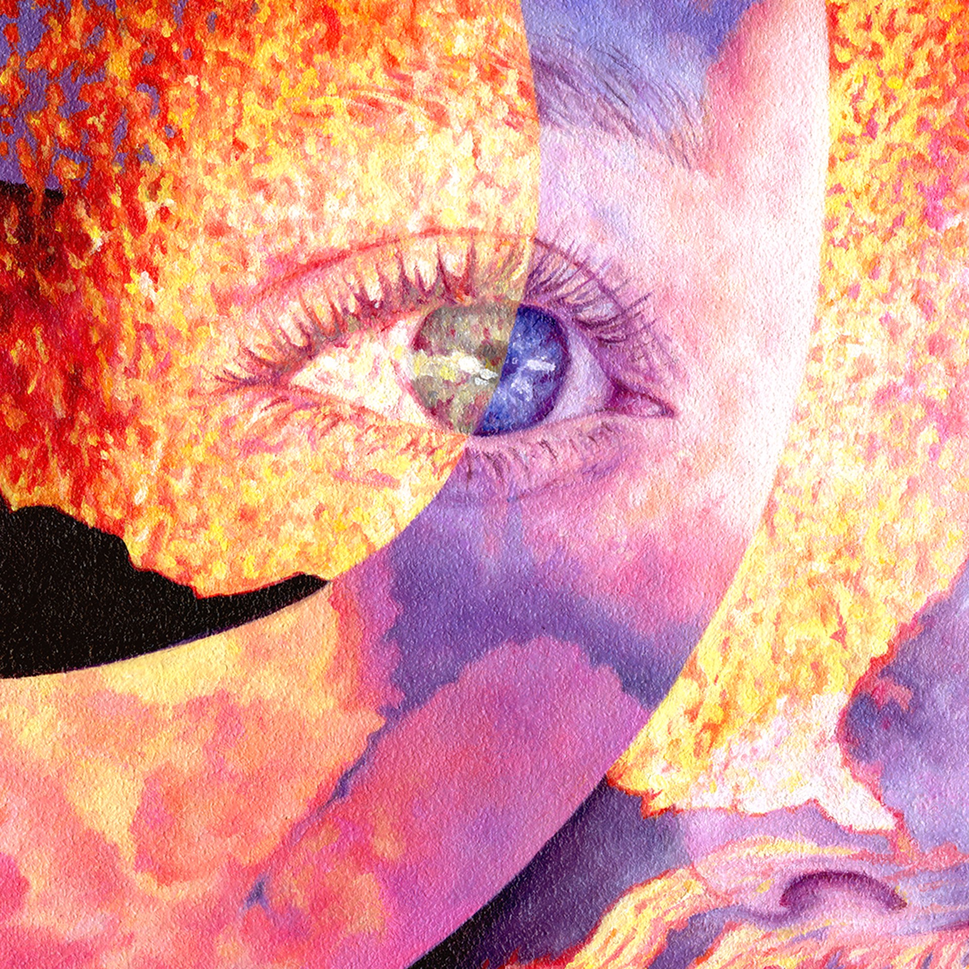 A painting of a woman's face with a fire coming out of her mouth.