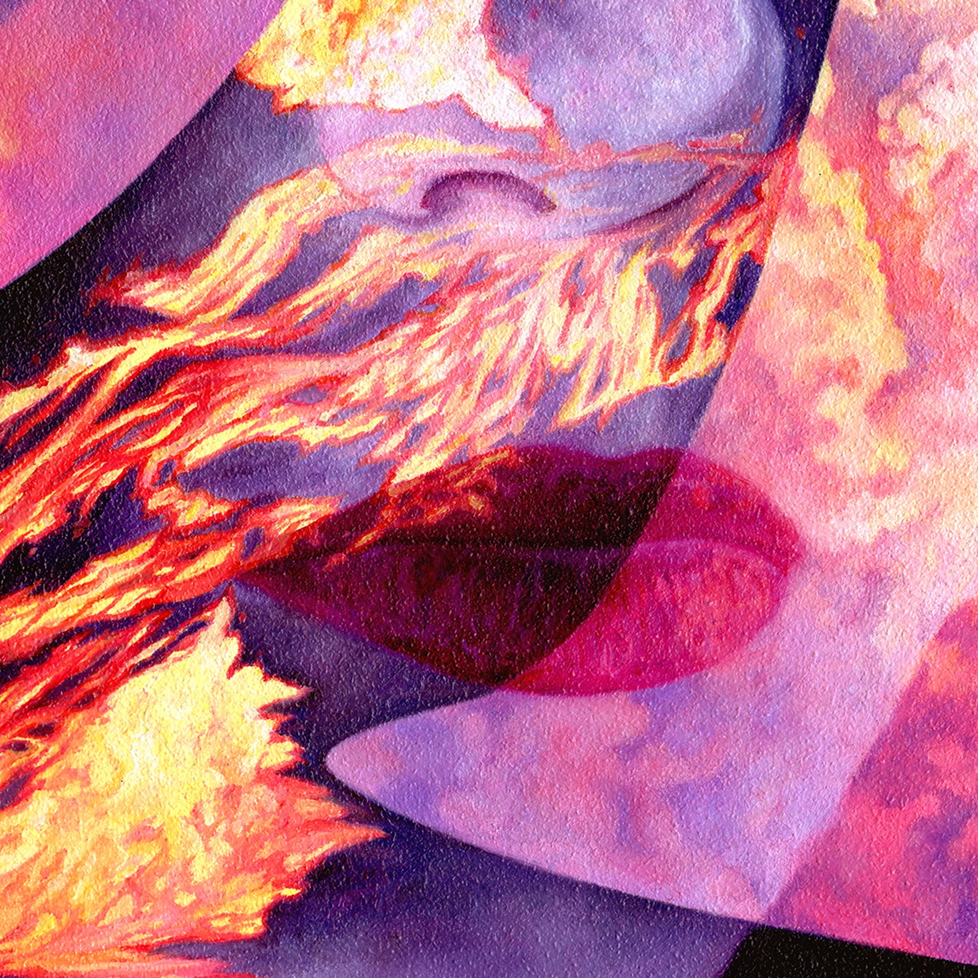 A painting of a woman's face with a fire coming out of her mouth.