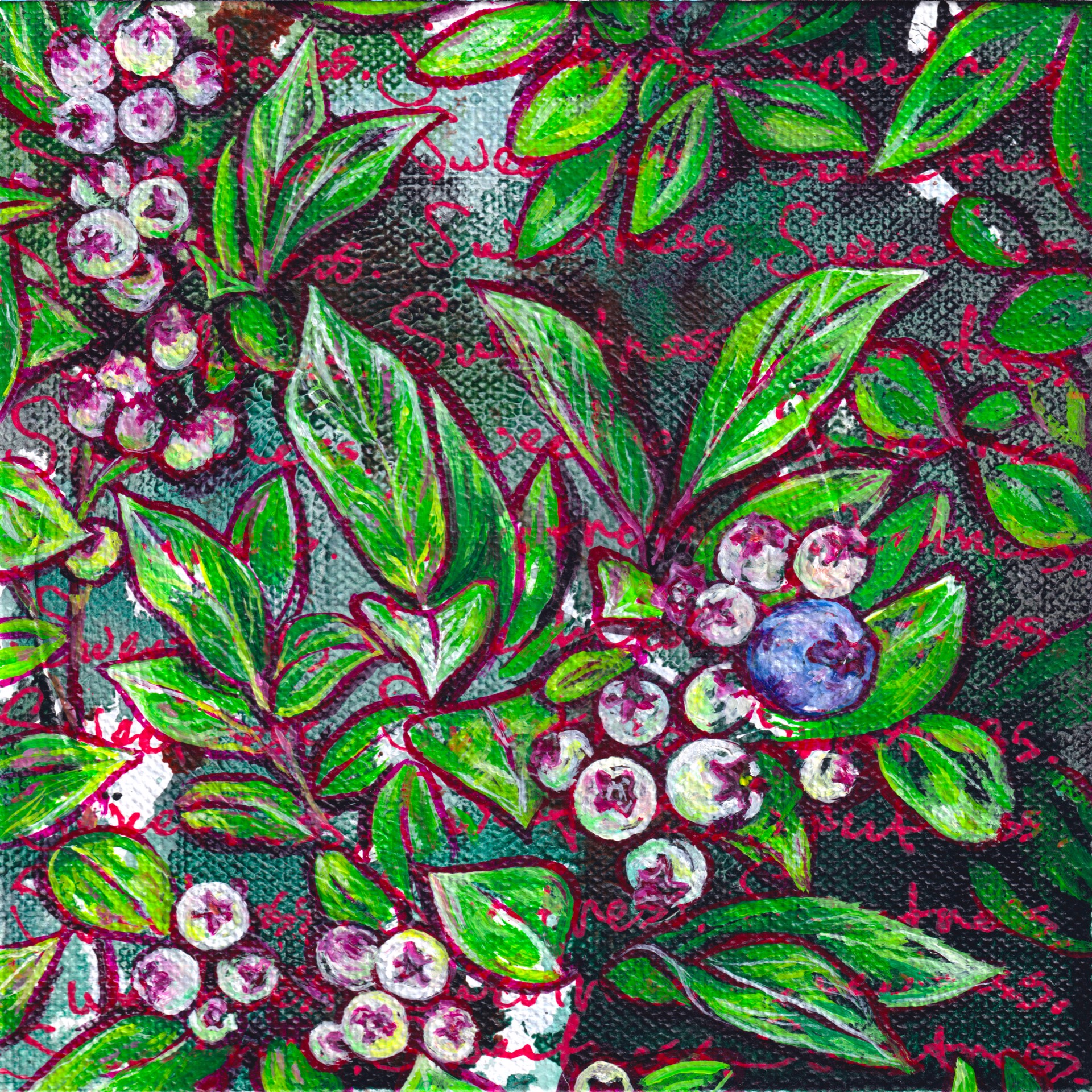 A vibrant botanical painting of berries and leaves with a textured, expressive style.