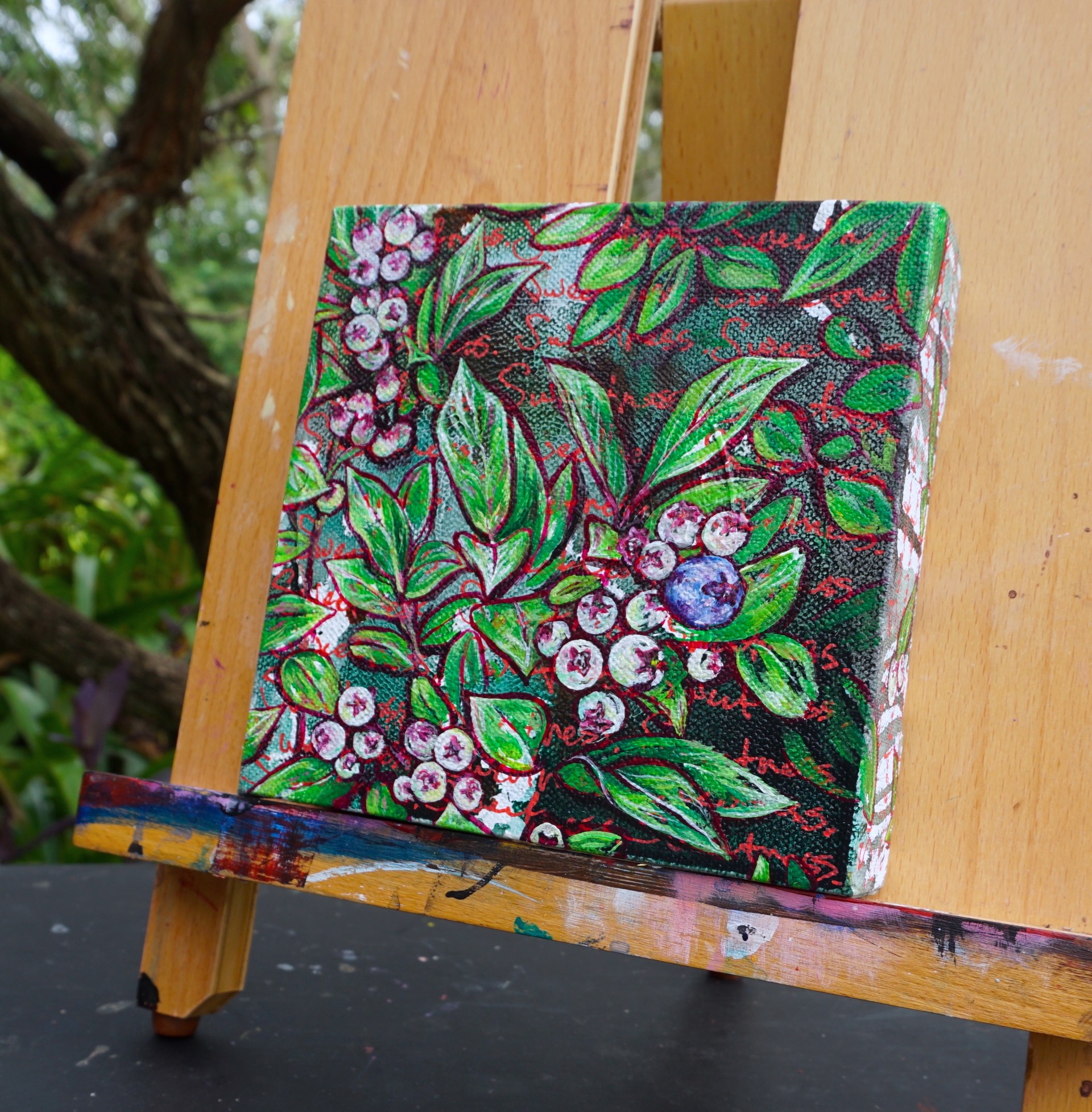 A vibrant botanical painting of berries and leaves with a textured, expressive style.