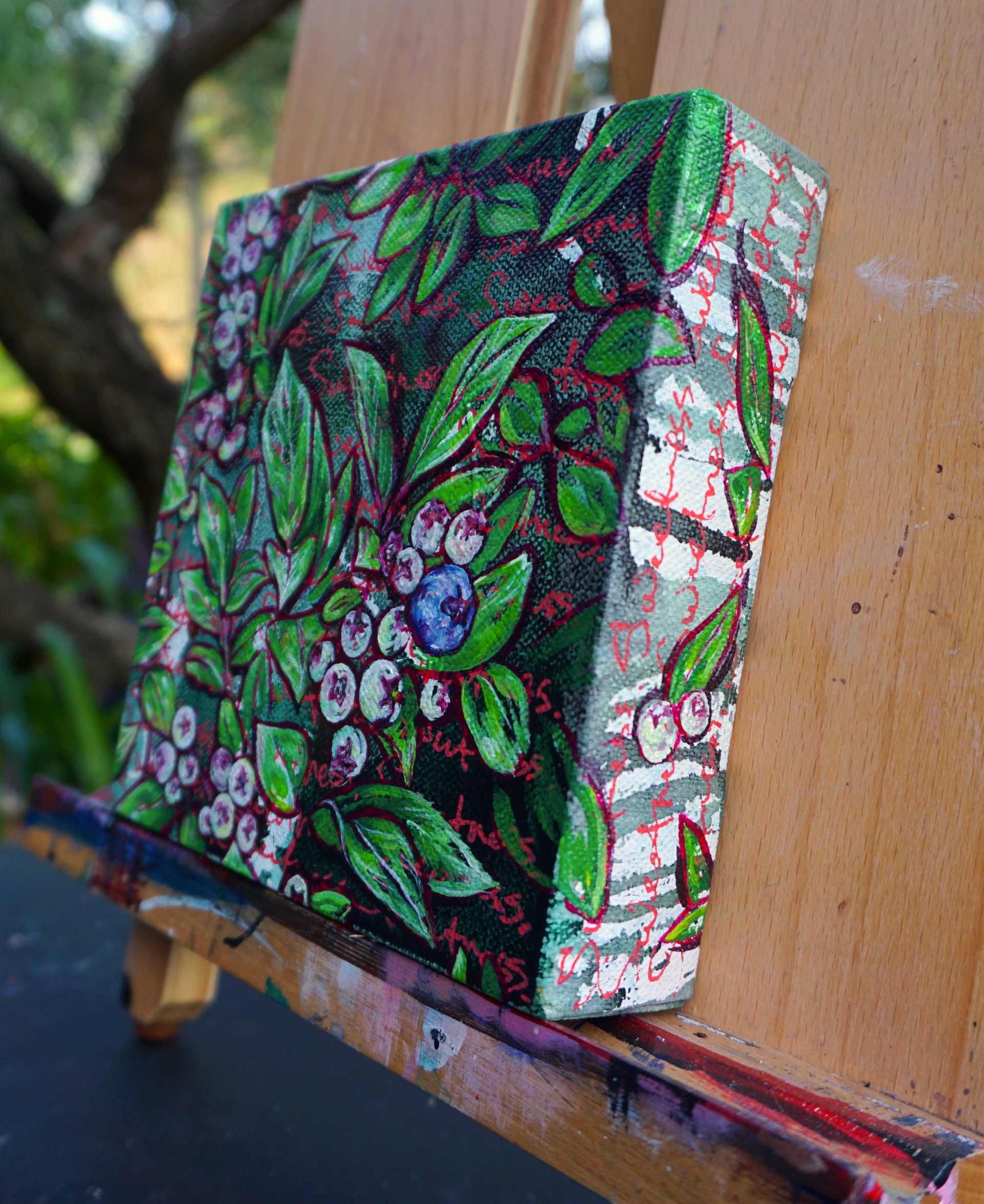A vibrant botanical painting of berries and leaves with a textured, expressive style.