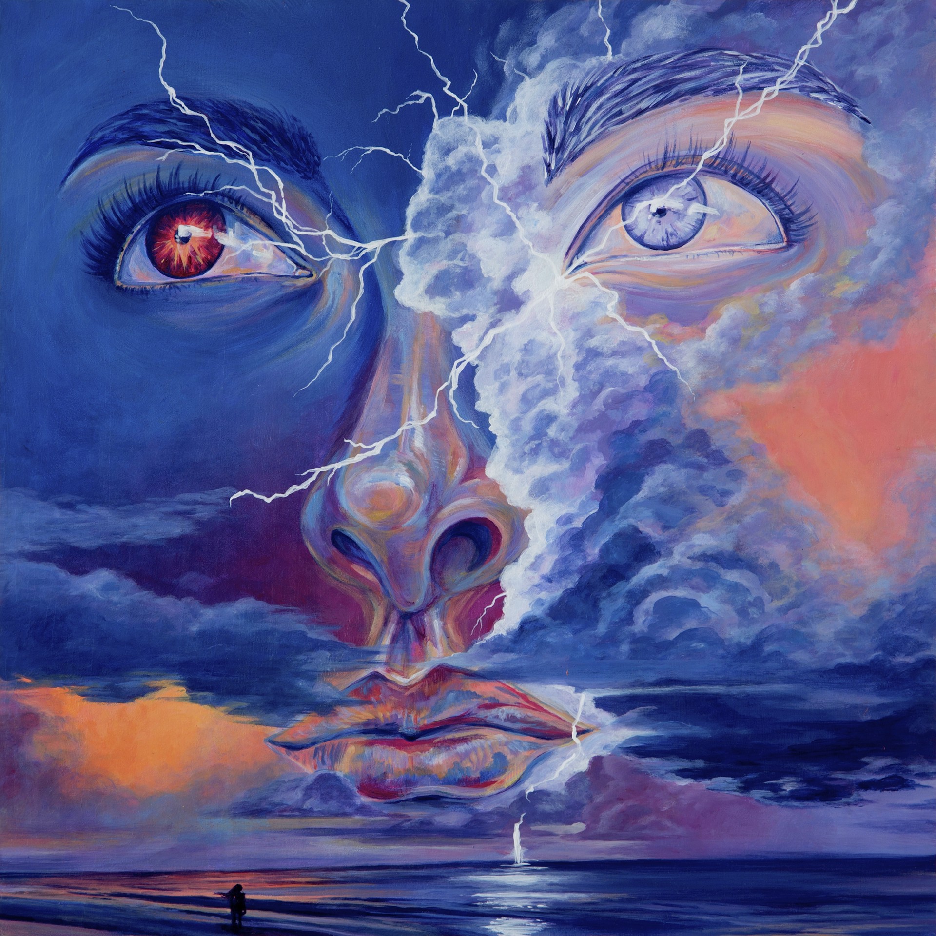 A surreal portrait of a face merging with a stormy sky, where lightning splits the visage and a tiny figure stands below.