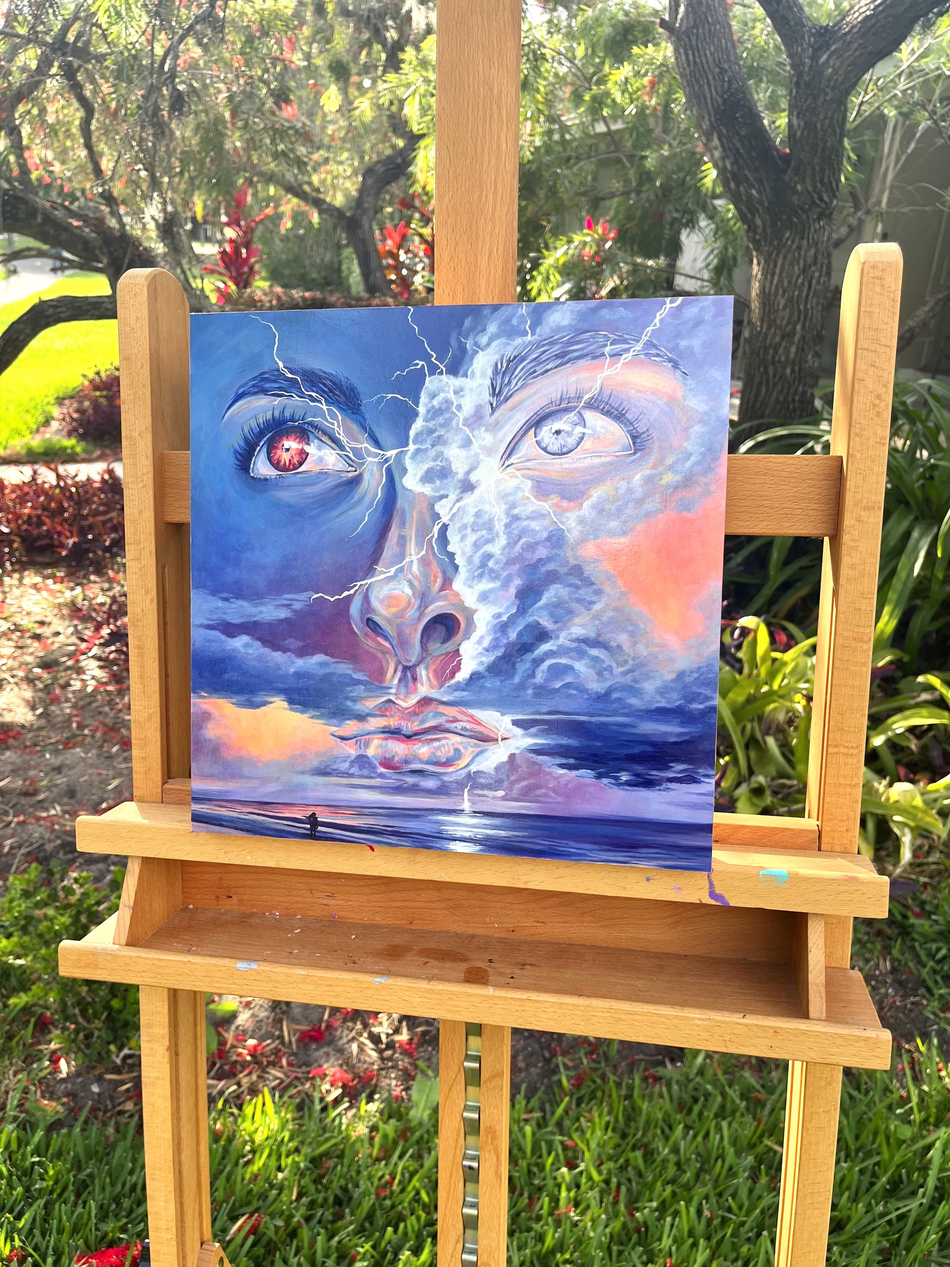 A surreal portrait of a face merging with a stormy sky, where lightning splits the visage and a tiny figure stands below.