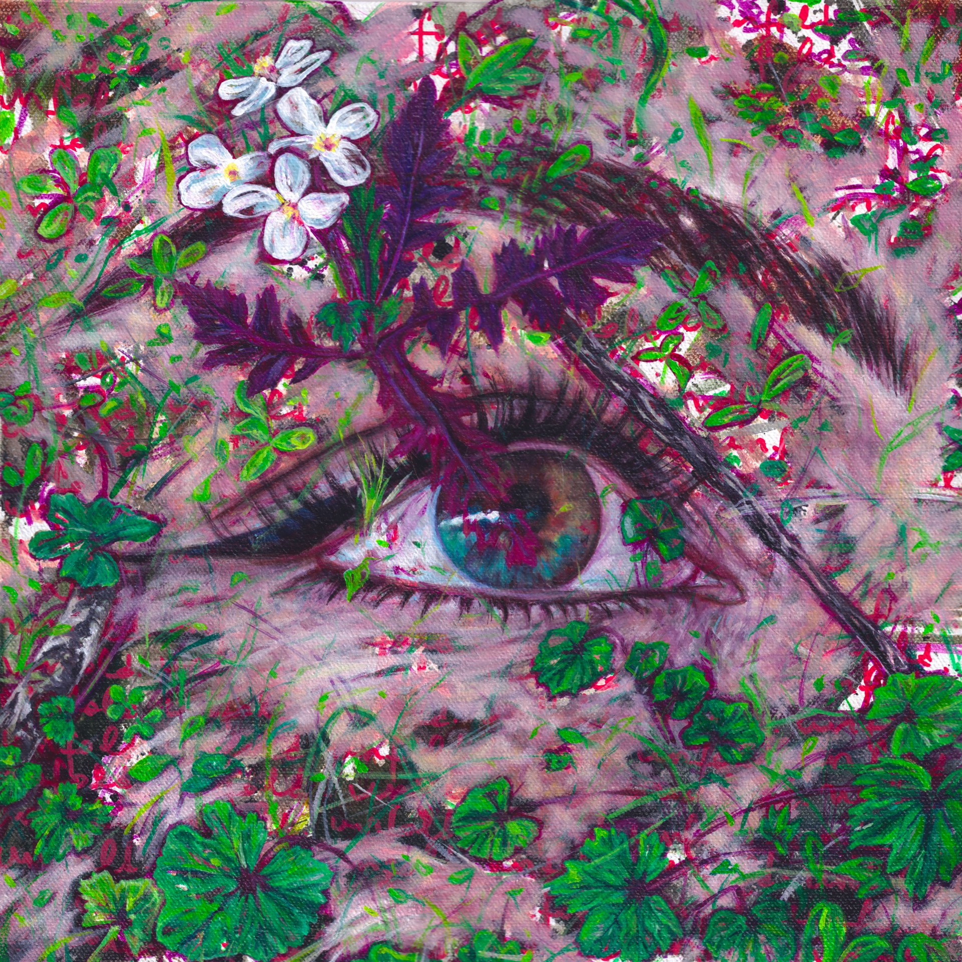 A painting of a woman's eye surrounded by flowers.
