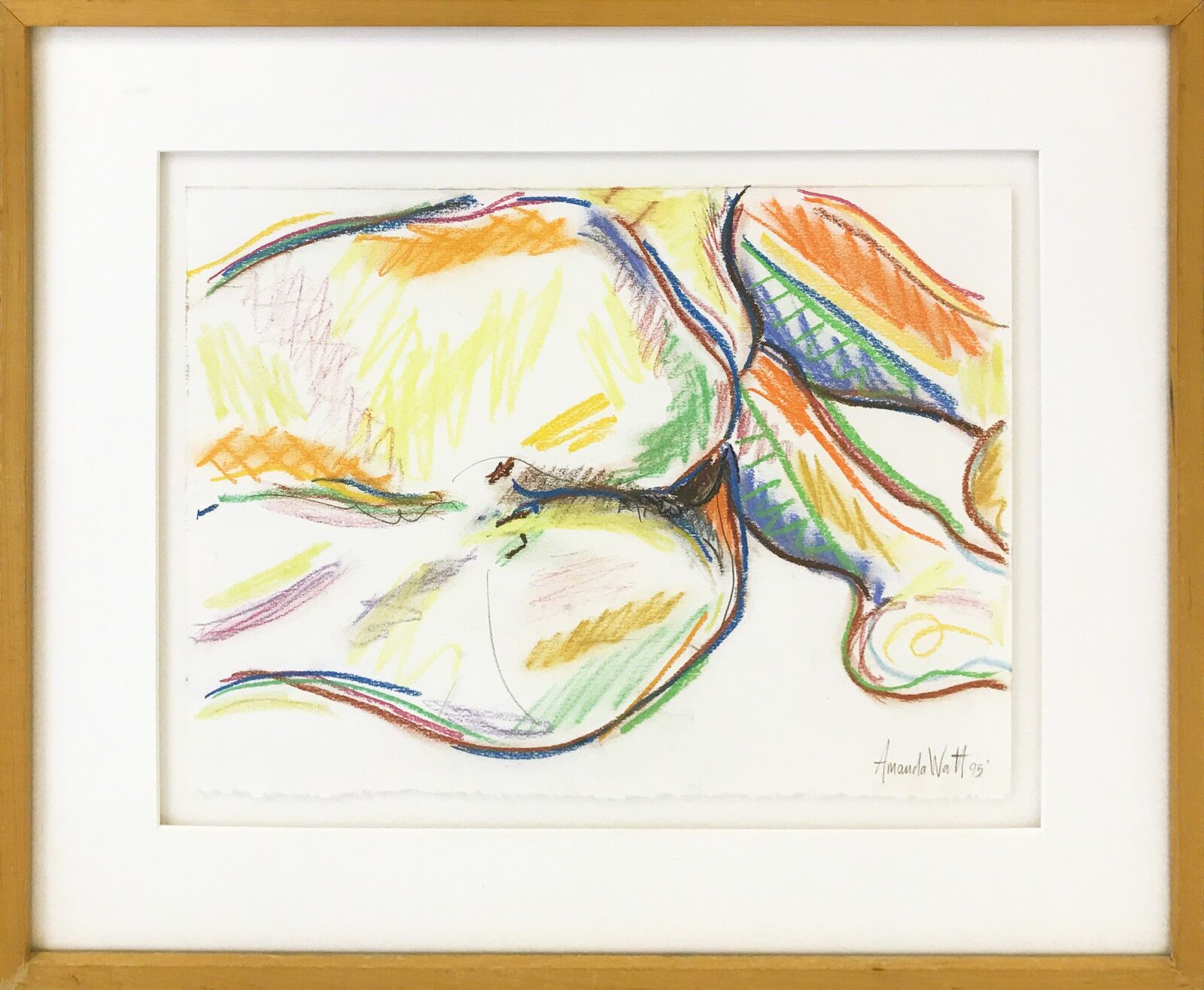 A drawing of a woman laying down in a wooden frame.