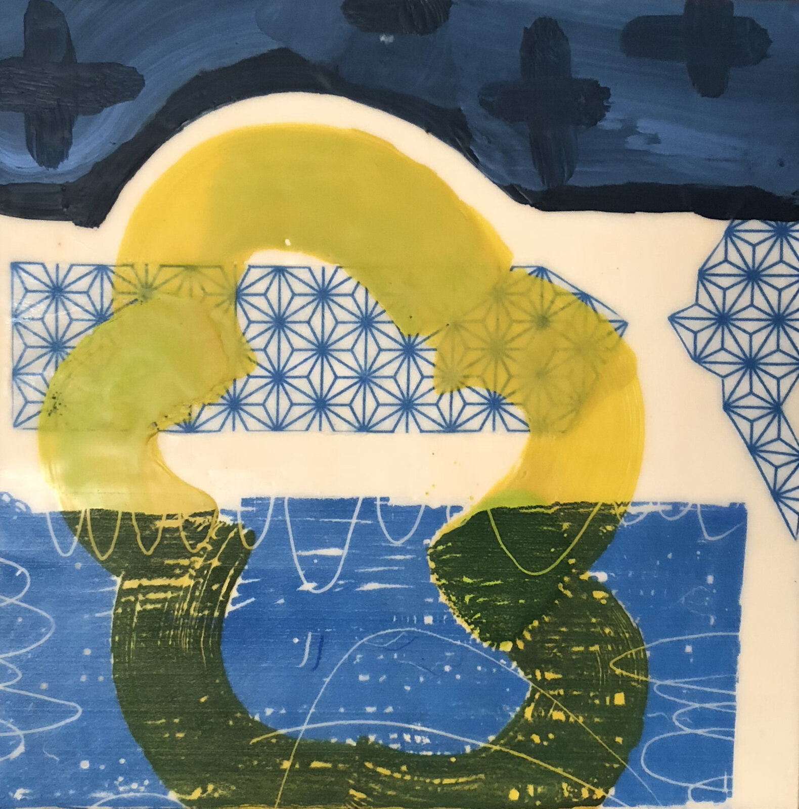 Artwork by Amber George, And It Got Out Of My Way, Made of Encaustic and vintage bedsheets on panel 