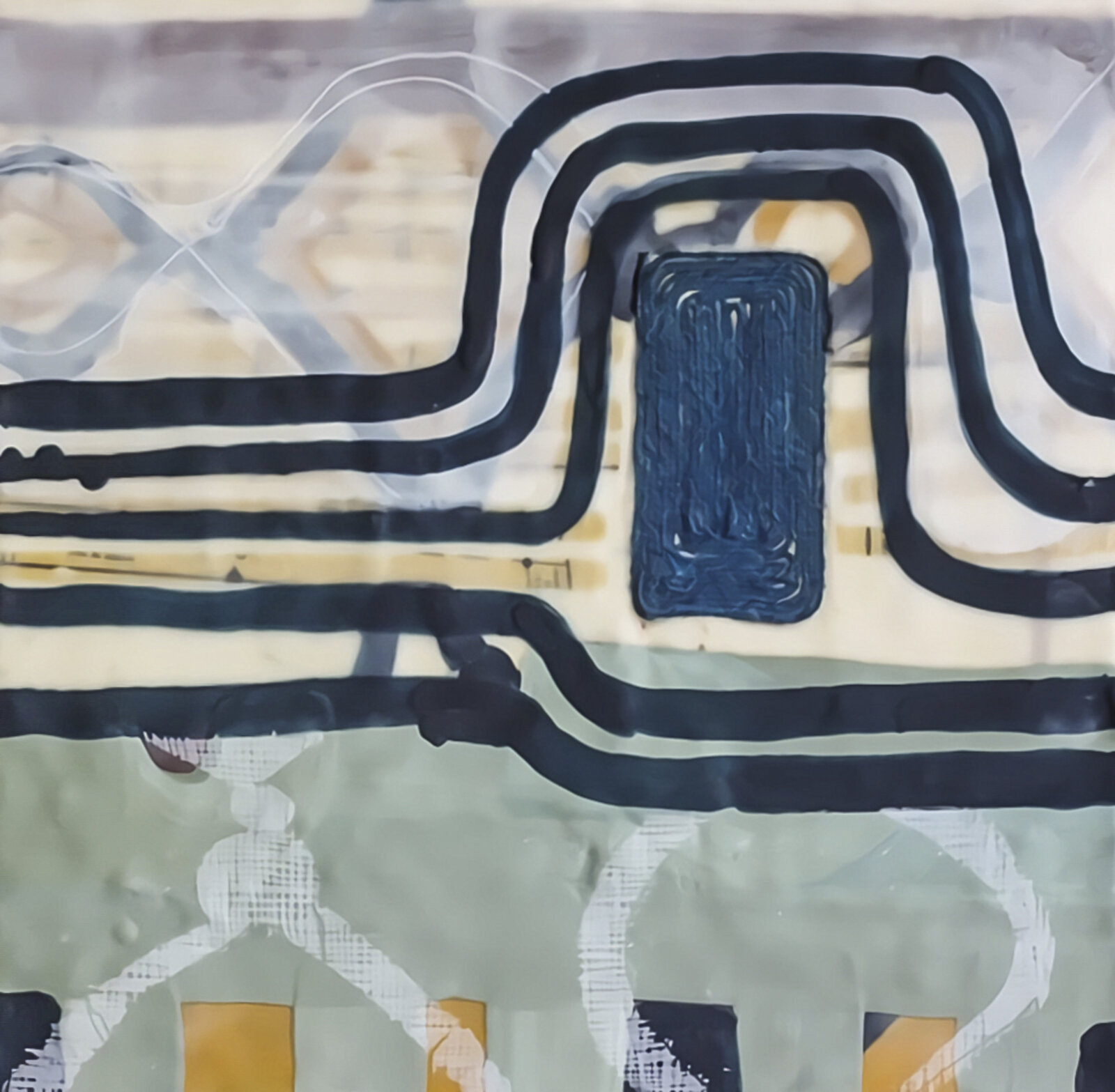 A painting of a blue and yellow abstract painting on a wall.