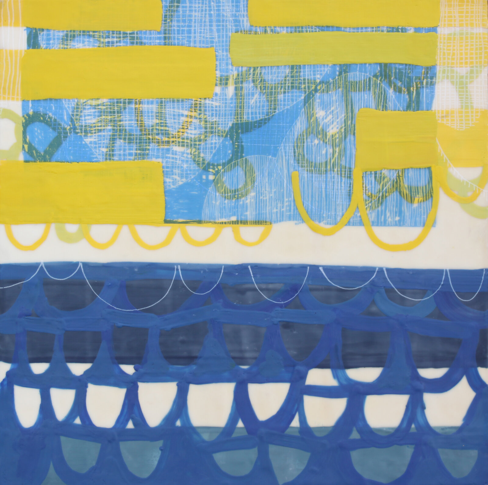 A painting with blue and yellow paint on a white background.