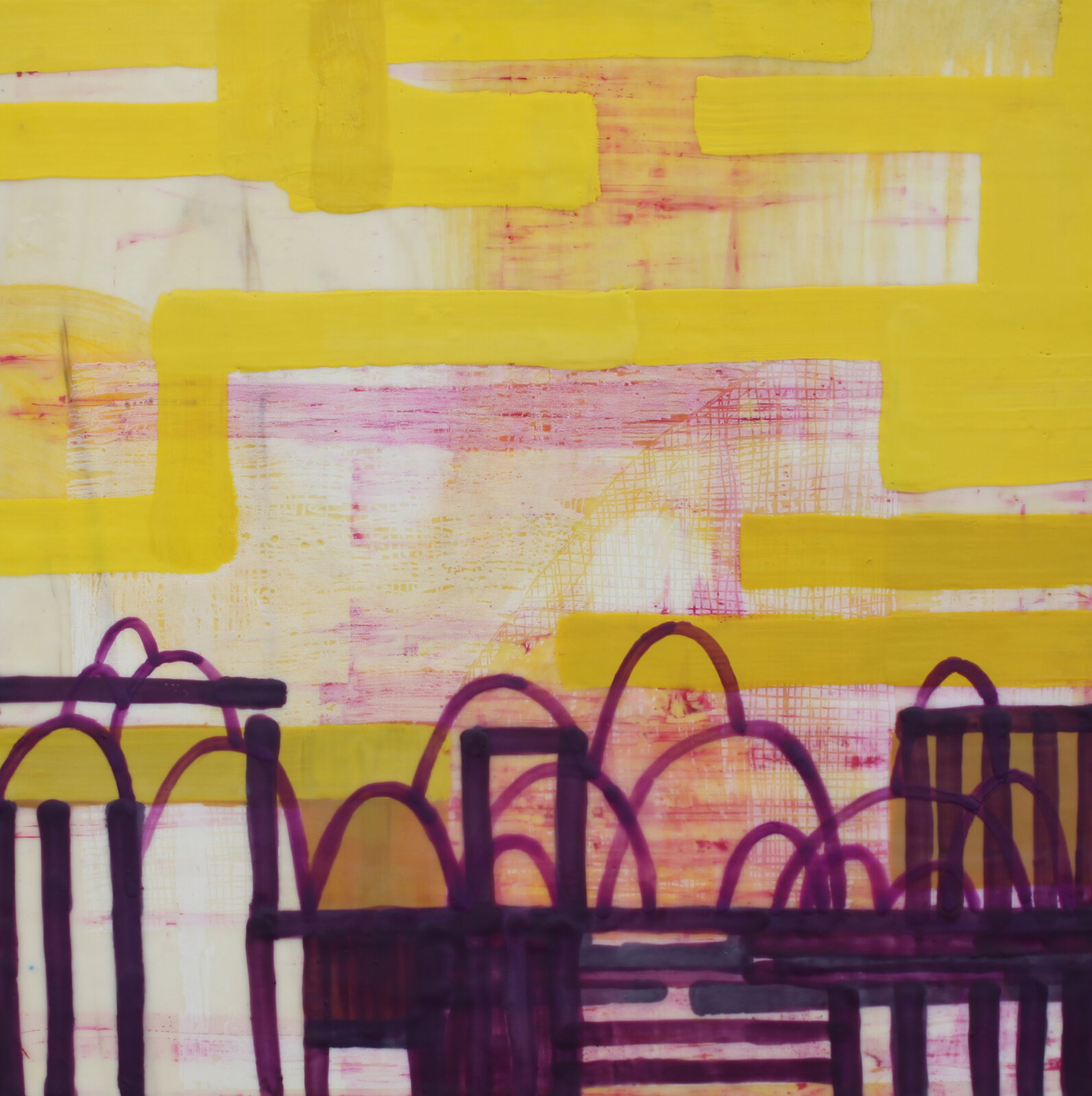 A painting of a yellow and purple abstract painting.