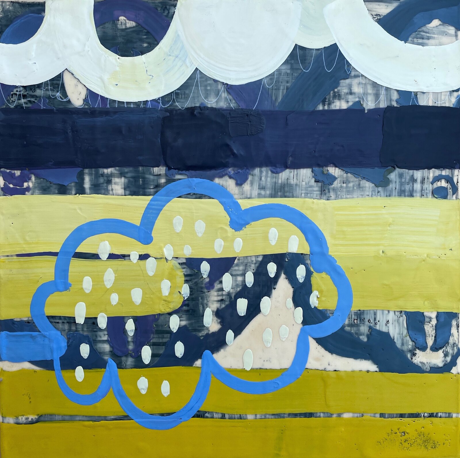 A painting of a blue and yellow abstract painting on a wall.