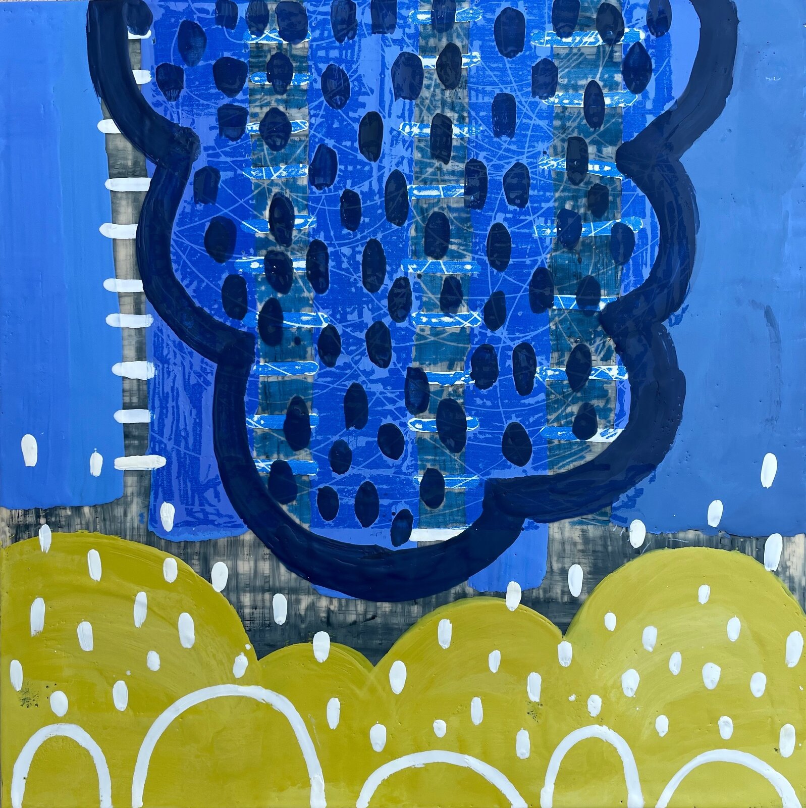 A painting of a blue and yellow abstract painting on a wall.