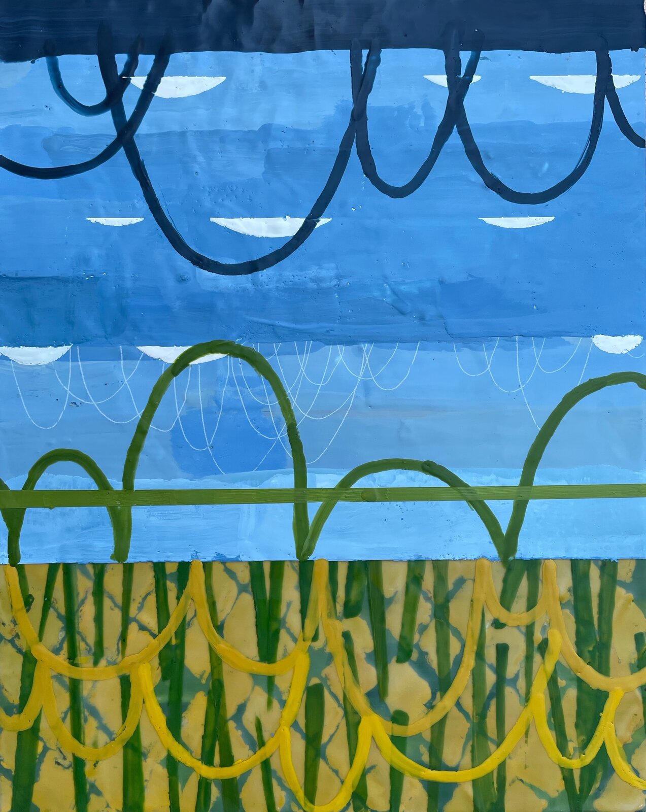 A painting of a blue and yellow landscape with a fence.