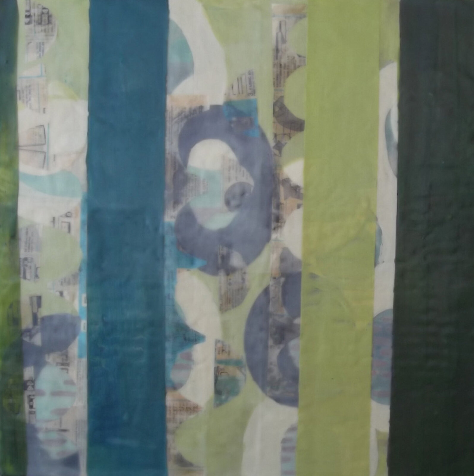 A painting of a blue and green abstract painting on a wall.