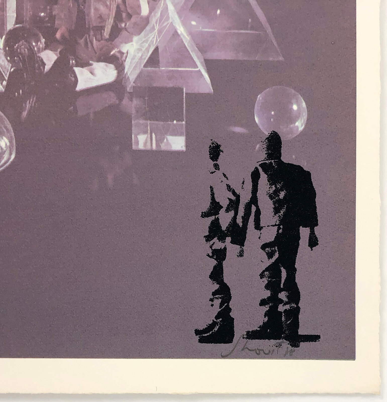 A surreal scene featuring a bearded figure in the center, surrounded by geometric shapes and silhouetted figures.