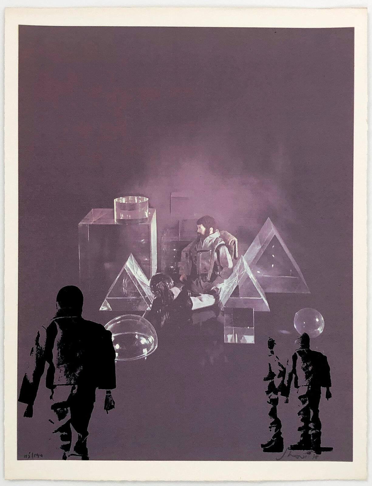 A surreal scene featuring a bearded figure in the center, surrounded by geometric shapes and silhouetted figures.