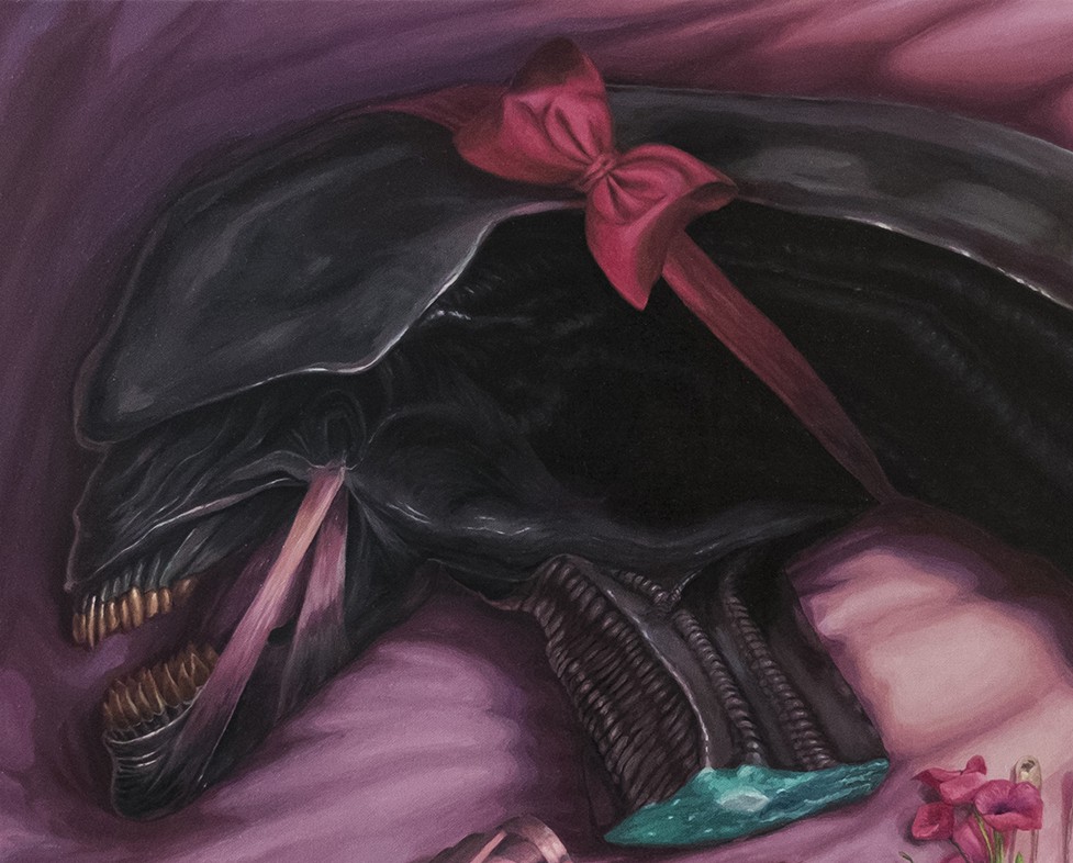 A painting of a skull with a red bow on it.