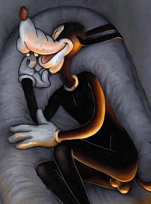 A painting of a goofy dog laying in a bed.