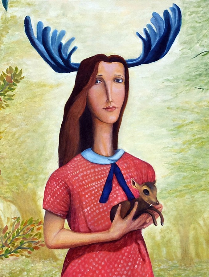 A painting of a woman holding a baby deer in her arms.