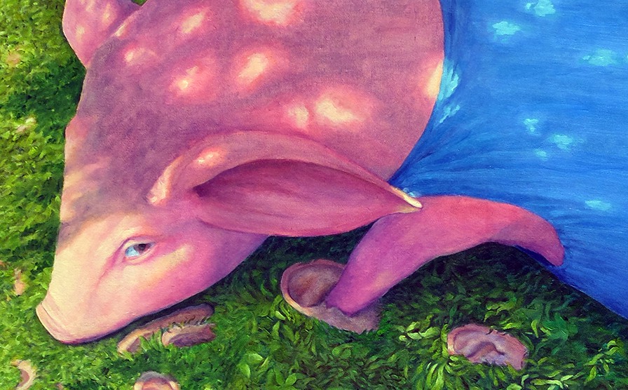 A painting of a pink pig laying on the ground.