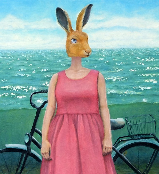A painting of a woman in a pink dress standing next to a bicycle.