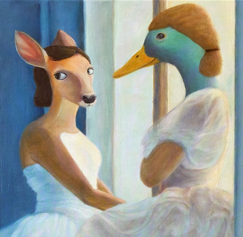 A painting of a deer and a duck looking at each other.