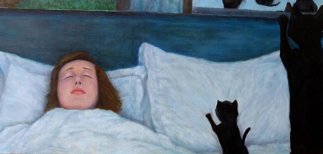 A painting of a black cat peeking out of a window.