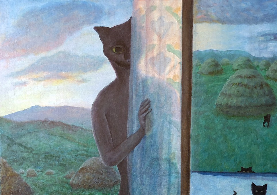 A painting of a black cat peeking out of a window.