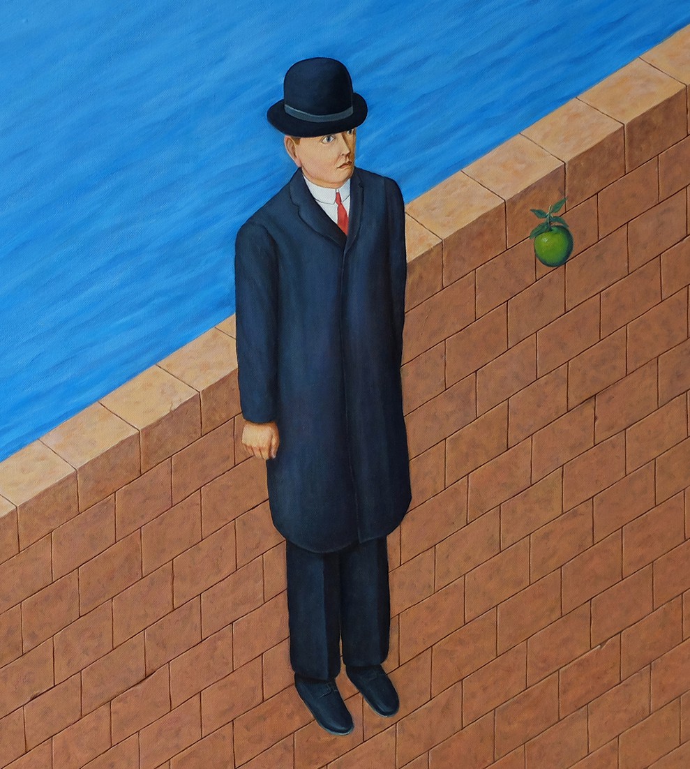 A painting of a man in a suit and hat standing next to a brick wall.