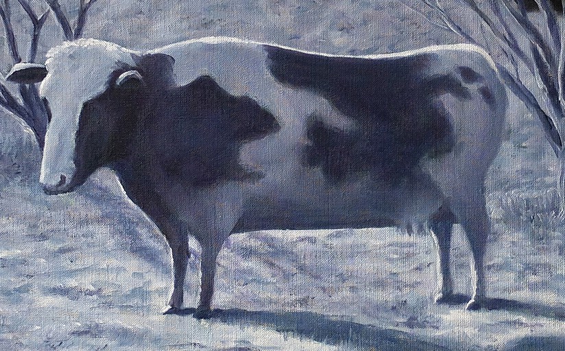 A painting of a black and white cow standing in a field.