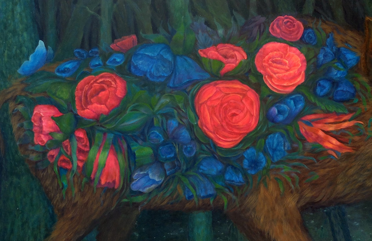 A painting of a basket of flowers on a table.