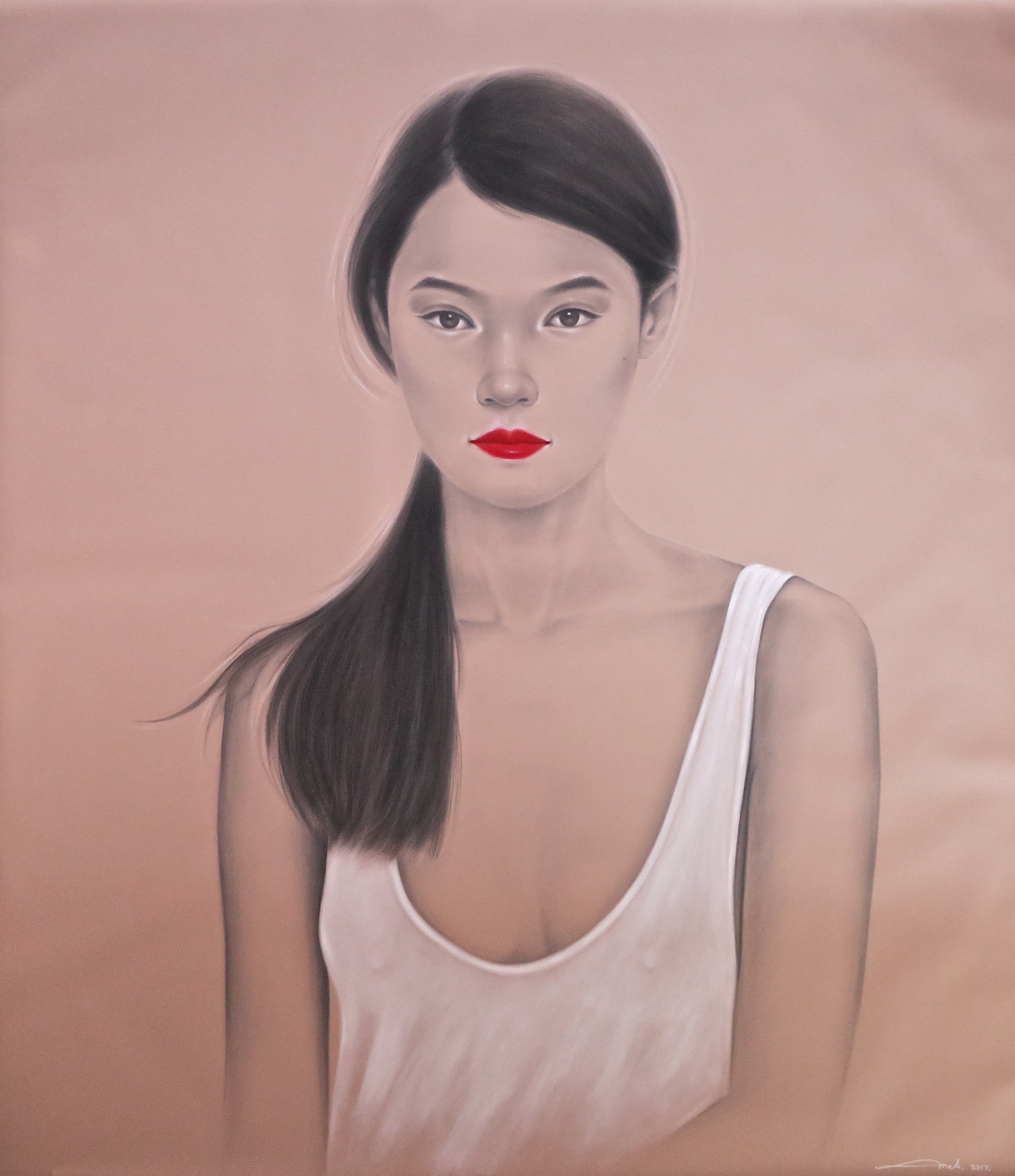 A painting of a woman with long black hair and red lipstick.